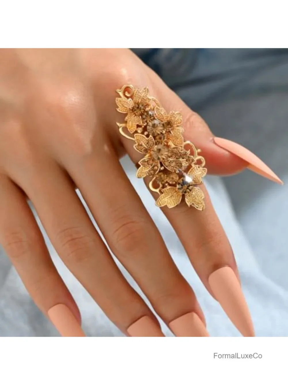 Vintage Flower Statement Ring Open Adjustable Cubic Zirconia Gold Silver